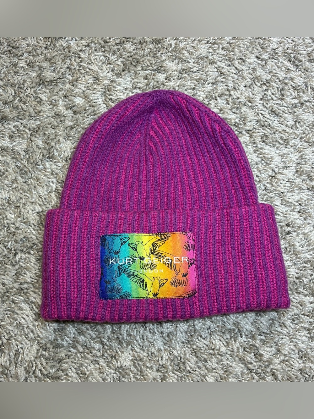 Kurt Geiger Pink Purple Ribbed Knit Beanie with Rainbow Patch